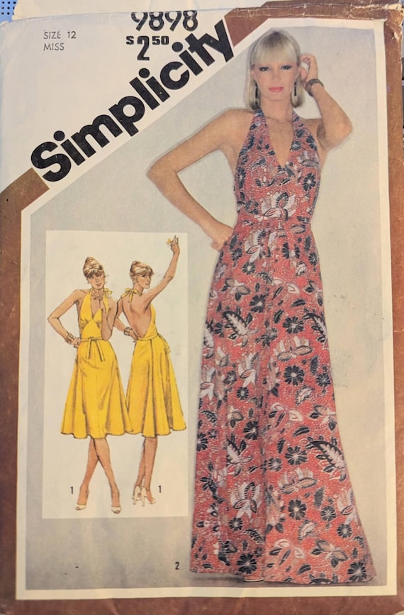 vintage halter dress pattern 80s Sewing Pattern: Simplicity 9898, Back Wrap, Size 12 UNCUT high neck halter dress sewing pattern