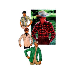 May include: A sewing pattern illustration featuring four shirt designs: a short-sleeved striped shirt, a long-sleeved beige shirt with a black turtleneck, a green long-sleeved shirt with a beige turtleneck, and a red and black plaid long-sleeved shirt.