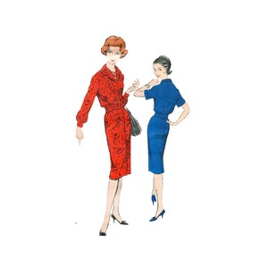 May include: Watercolor illustration of two women in vintage dresses. One woman wears a red dress with a floral pattern and a matching belt. The other woman is in a blue dress. Both dresses have a classic, mid-century silhouette.