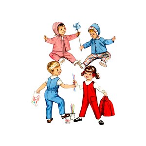 May include: Four children playing together. A girl in red overalls holds a red jacket and a boy in blue overalls holds a drawing of a cat. A girl in a pink outfit holds a pinwheel and a boy in a blue jacket and plaid trousers stands on one leg.
