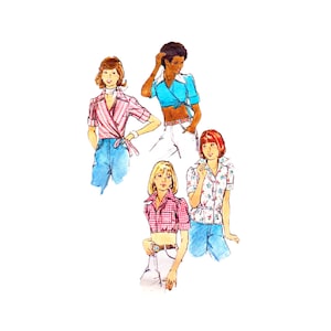 May include: Watercolor illustration of four women wearing different styles of blouses and shirts. The shirts include wrap tops, button-down shirts, and crop tops. The women are wearing jeans and white pants.