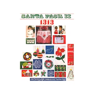 May include: A vintage Christmas embroidery pattern pack with the title "Santa Pack 1313". The pack includes a variety of designs, including wreaths, ornaments, a snowman, a gingerbread man, a Christmas tree, a bird, a poinsettia, candy canes, bells, holly, and a snowflake. The pack also includes a set of alphabet letters.