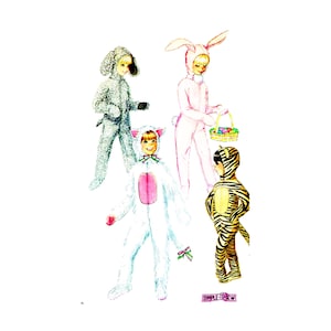 May include: Illustration of four children in animal costumes: a dog, a bunny with a basket, a cat, and a tiger. The costumes are in shades of gray, pink, white, and yellow. The image has the text "SIMPLE-TO-SEW".