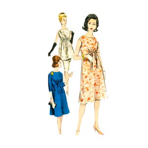 May include: Watercolor illustration of three women in vintage dresses. The dresses include a blue dress with a bow, a floral print dress, and a white dress with a bow. The women are wearing gloves and heels.