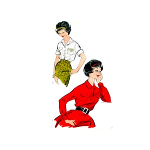 May include: Two illustrations of women wearing button-down shirts. The woman on the left is wearing a white shirt with short sleeves and a green skirt. The woman on the right is wearing a red shirt with long sleeves and a black belt.