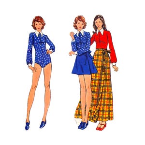 May include: Illustration of three women's fashion designs from the 1970s. The designs include a blue bodysuit with white star pattern, a blue skirt and top, and a red top with a plaid skirt. All designs feature white collars.