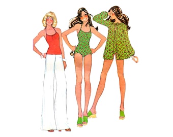 70s One-Piece Swimsuit or Top and Cover-up Vintage Sewing Pattern Size 12 Bust 34 UNCUT