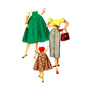 May include: Vintage fashion illustration featuring three outfits. A green flared skirt, a gray pencil skirt with buttons, and a red and plaid skirt. The outfits are paired with tops and accessories, showcasing retro style.