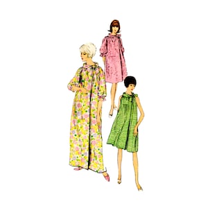 May include: Illustration of three vintage dresses. One is a long floral robe with yellow, pink, and green flowers. Another is a pink dress with a bow at the neck. The third is a green plaid dress.