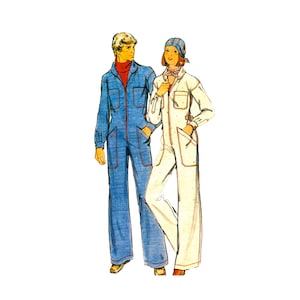 May include: A sewing pattern illustration featuring two jumpsuits with front zippers, long sleeves, and large patch pockets. One jumpsuit is blue with red stitching, worn over a red turtleneck. The other is white with red stitching and a plaid headscarf.