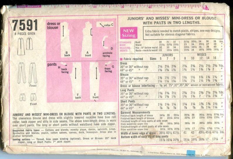 60s Simplicity 7591 Misses' Mini Dress, Shorts, Skinny Pants and Standing Collar Top Vintage Sewing Pattern Size 12 Bust 34 image 3