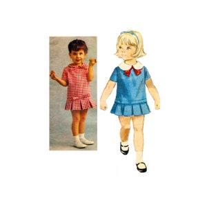 May include: Two young girls wearing dresses. The girl on the left is wearing a red and white gingham dress with a bow at the waist. The girl on the right is wearing a blue dress with a white collar and a red bow.