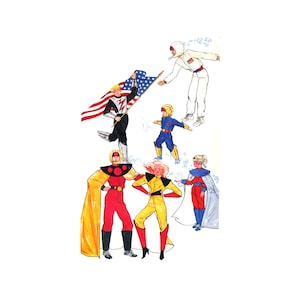 May include: A group of six children dressed as superheroes. The children are wearing colorful costumes with capes and masks. One child is holding an American flag.