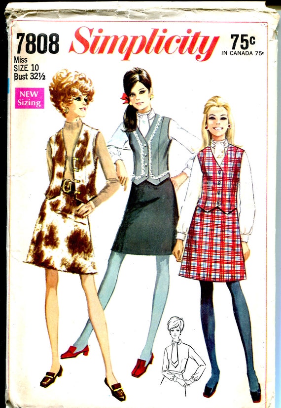 60s Simplicity 7808 Misses Mini Skirt Vest and Blouse Vintage Sewing Pattern Size 10 Bust 32 1 2 Etsy