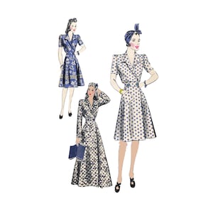 May include: Illustration of three vintage dresses. One is a blue floral wrap dress, another is a white dress with blue polka dots, and the third is a long, patterned wrap dress. All dresses have a retro style.
