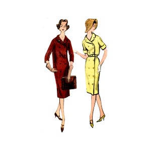 May include: Illustration of two women in vintage dresses. One wears a red double-breasted dress with a matching clutch and gloves. The other is in a yellow dress with a straw hat and white gloves. Both are wearing heels.