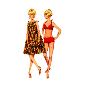 May include: Illustration of two women in vintage summer attire. One wears a colorful, patterned dress with pockets and sandals. The other is in a red bikini with a halter top. Both have blonde hair and gold bracelets.