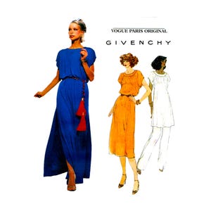 May include: An illustration of three dresses. The first is a long, blue dress with a slit, a red tassel belt, and short sleeves. The second is an orange dress with short sleeves and a belt. The third is a white tunic and pants. The text "VOGUE PARIS ORIGINAL GIVENCHY" is at the top.