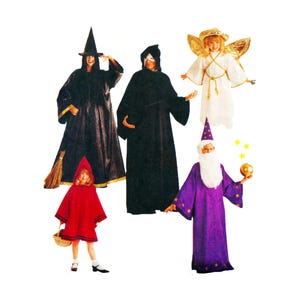 May include: A collection of five costumes including a black witch robe with a pointed hat and broom, a black hooded cloak, a white angel dress with gold wings and halo, a red hooded cape, and a purple wizard robe with gold stars and a white beard.