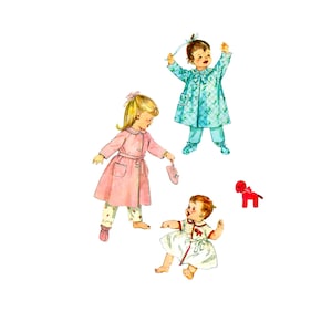 May include: Illustration of three children in vintage clothing. One child wears a pink coat and pajamas, another a blue quilted robe and pajamas, and the third a white dress. A red toy horse is also present.