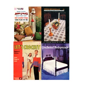 May include: Three crochet pattern books with colorful covers. The first book is titled "Make it with Aunt Lydia's Heavy Rug Yarn". The second book is titled "Coats & Clark's Book No. 217 Tablecloths & Bedspreads". The third book is titled "Lily Design Book No. 210 Old Favorites in Crocheted Bedspreads".