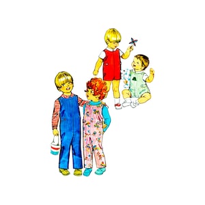 May include: Four children wearing overalls. Two children are wearing blue overalls, one is wearing pink overalls with a floral pattern, and one is wearing green overalls. The child in the green overalls is holding a toy windmill.