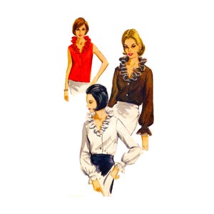 May include: A collection of three blouses featuring ruffled collars and button-down fronts. One is a sleeveless bright red top, one is a long-sleeved brown polka-dot blouse, and one is a long-sleeved white blouse with ruffled cuffs and a dark skirt.