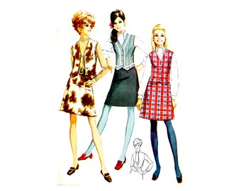 60s Simplicity 7808 Misses' Mini Skirt, Vest and Blouse Vintage Sewing Pattern Size 10 Bust 32-1/2