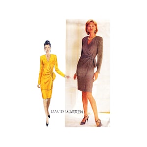 May include: Two women's dresses, one yellow and one grey, both with a wrap style and long sleeves. The dresses are shown on a white background with the text "DAVID WARREN" printed below.