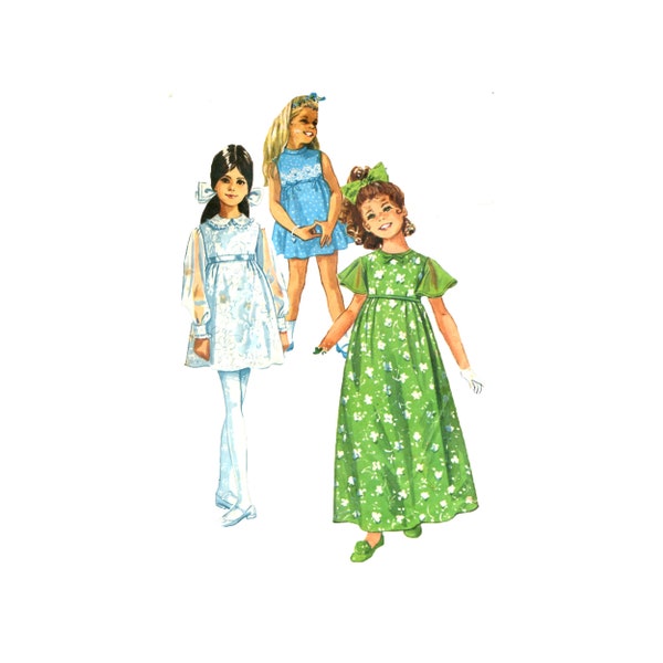 Simplicity 8175 Girls' Dress in 2 Lengths Size 6 Vintage 1970s Sewing Pattern Empire Waist Sleeve Variations