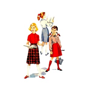 May include: Three girls wearing school uniforms. The girl in the centre is wearing a red shirt and a plaid skirt. The girl on the left is wearing a blue shirt and a blue skirt. The girl on the right is wearing a striped shirt and a red skirt.