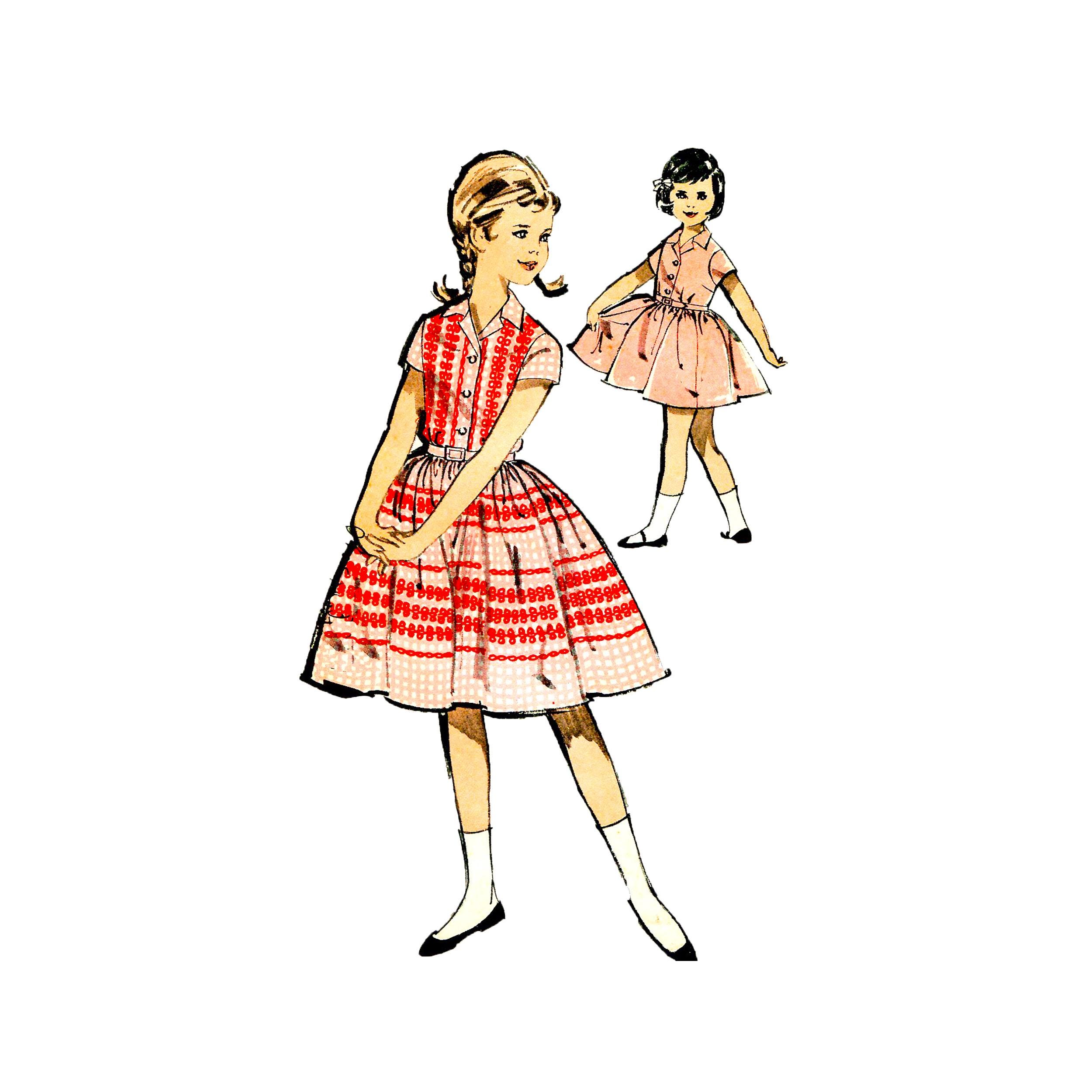 60s Advance 2820 Girls' Full Skirt Shirtwaist Dress Vintage Sewing Pattern Size 7