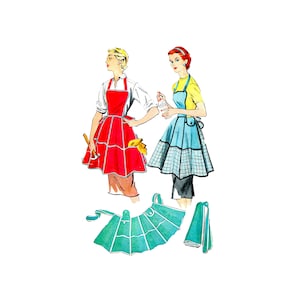 Peut inclure: Deux femmes portant des tabliers vintage. L'un est rouge avec des bordures blanches et l'autre est bleu avec des bordures blanches et noires à carreaux. Un troisième tablier est présenté séparément, il est vert avec des bordures blanches.