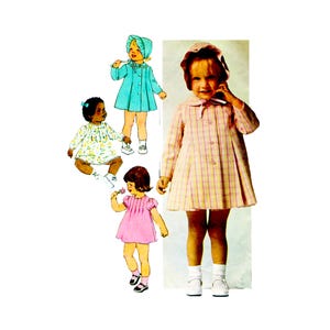 May include: A sewing pattern illustration featuring a child wearing a plaid coat and bonnet, alongside drawings of a child in a floral dress, a child in a solid pink dress, and a child in a solid light blue coat and matching bonnet.