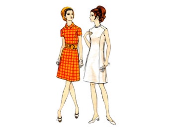 Vintage 1960s Vogue 7473 A-Line Jewel Neck Dress Sewing Pattern Size 12 Bust 34