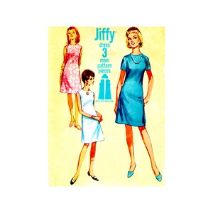 May include: A vintage sewing pattern for a dress with the text "Jiffy dress 3 main pattern pieces easy-cut easy-sew". The pattern features three women wearing different versions of the dress in pink, white, and blue.