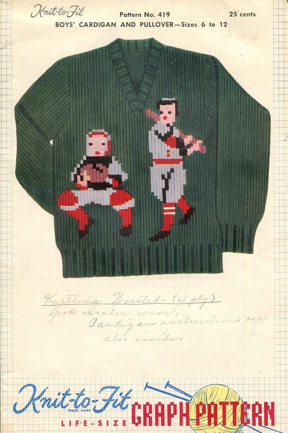Vintage 50s Baseball Sweater Knitting Pattern: Child Sizes 6-12 - Etsy