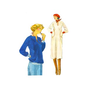 May include: Two women wearing vintage clothing. The woman on the left is wearing a blue sweater with a white collar and a whistle around her neck. The woman on the right is wearing a white dress with red trim and a red hat.