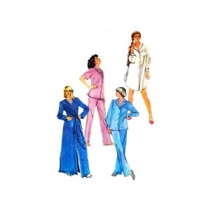 May include: Illustration of four different pajama sets. One is a long blue robe with a matching belt. Another is a pink pajama set with a short-sleeved top and pants. A third is a blue pajama set with a button-down shirt and pants. The last is a white nightshirt.