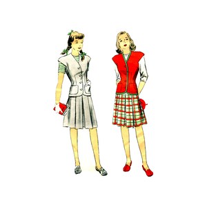 May include: Two women wearing vintage 1950s style outfits. The woman on the left is wearing a gray skirt suit with a red book. The woman on the right is wearing a red vest over a white shirt and a plaid skirt.