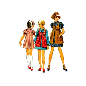 May include: Illustration of three young girls in vintage dresses. The girl on the left wears a red and white striped dress with a white collar. The middle girl wears a blue dress with a red polka dot apron. The girl on the right wears a floral dress with a brown vest.
