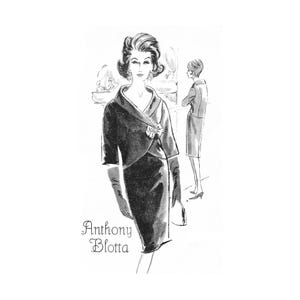 May include: A black and white fashion illustration of a dress with a shawl collar and a bow detail at the waist, worn with long gloves and a small handbag. The text Anthony Blotta is printed in the lower left corner of the sketch.