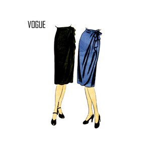 May include: Two women's skirts, one black and one blue, with a wrap style and a bow detail. The image is labeled "VOGUE".