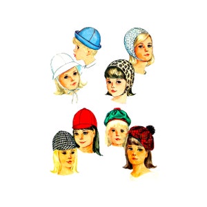 May include: Seven different styles of children's hats, including a white sun hat, a blue sailor hat, a red and white striped hat, a green hat with a pom-pom, a black and white checkered hat, a leopard print hat, and a white hat with a floral pattern.