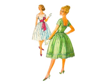 50s Simplicity 2958 Square Neck Dress with Tie Sash Full Skirt Vintage Sewing Pattern Size 12