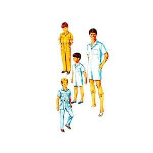 May include: Illustration of four figures in vintage outfits. One wears a yellow jumpsuit, another a white shirt and shorts, and a third a blue striped jumpsuit. The fourth is in a white shirt-dress.