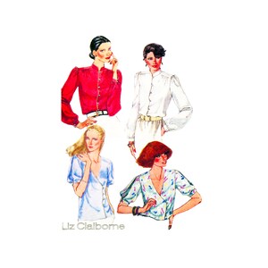 May include: Four different blouses with puffed sleeves. The blouses are in red, white, light blue, and a multi-colored pattern. The image includes the text "Liz Claiborne".