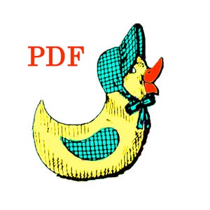 May include: A yellow cartoon duck illustration wearing a blue bonnet and bow, with a red beak. The word "PDF" is printed in red in the upper left corner. The duck has a blue patterned design on its body and bonnet.
