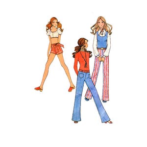 May include: Illustration of three figures in 1970s-style clothing. One figure wears a white crop top and red shorts. Another wears a red long-sleeve shirt and blue jeans. The third figure is in a blue vest, white shirt, and red and white striped pants.