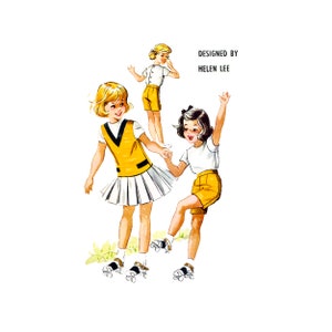 May include: Three girls wearing yellow and white outfits are roller skating. The girl in the middle is holding hands with the girl on the right. The text "DESIGNED BY HELEN LEE" is in the top right corner of the image.